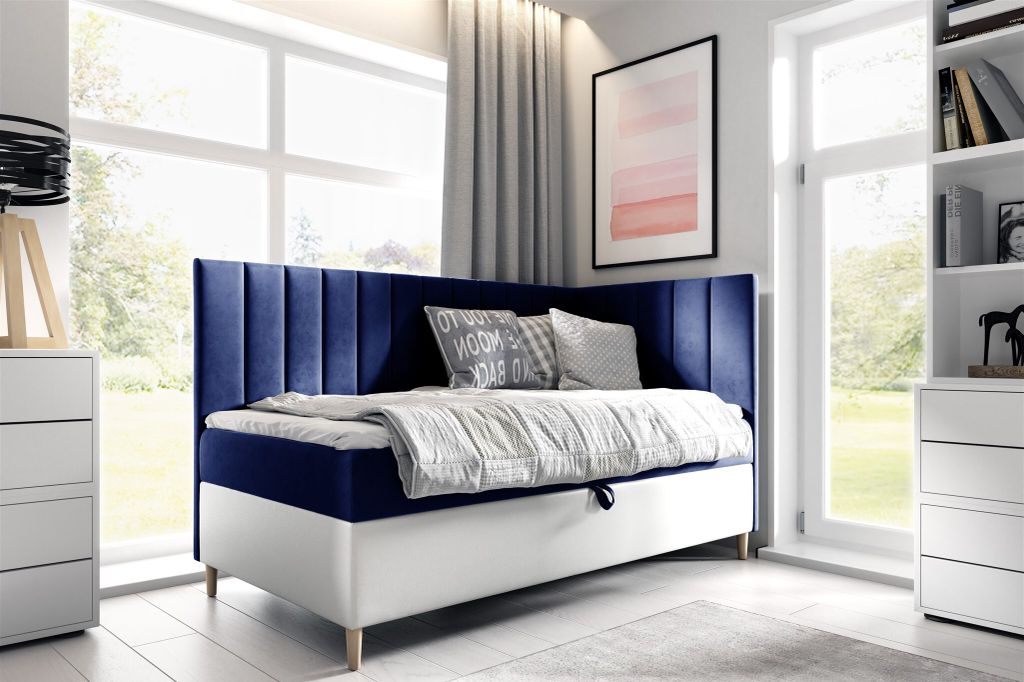 Boxspringbett Gästebett Kinderbett HELVI Nr.3 80x200cm Weiss-Blau Seite Rechts