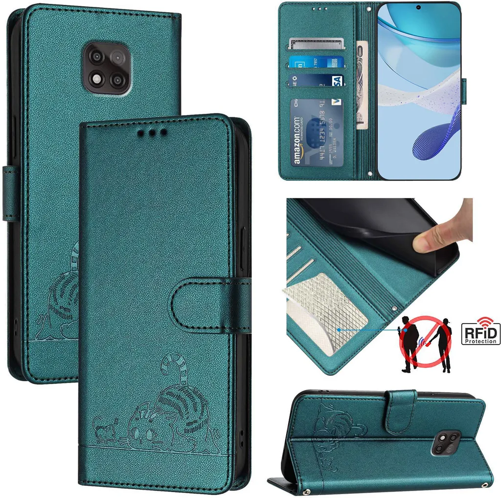 Custodia in pelle per Motorola Moto G Power (2021), dolce gatto Custodia flip con funzione stand e portafoglio verde