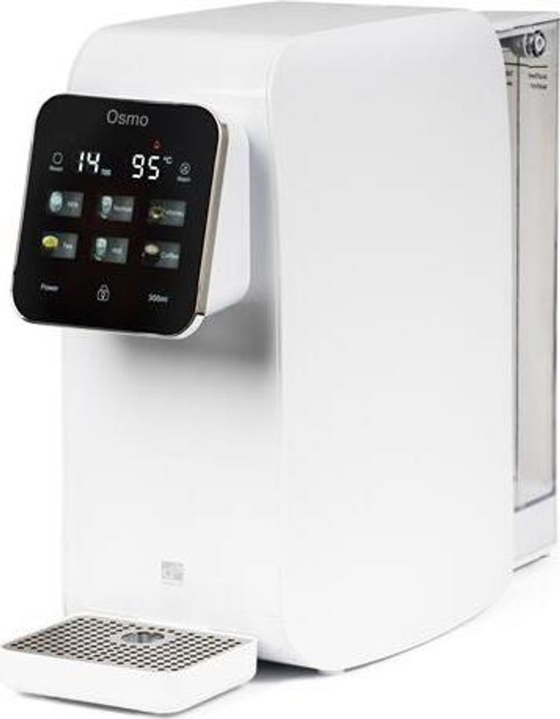 A white water purifier with a touch screen display is shown from a three-quarter front angle.