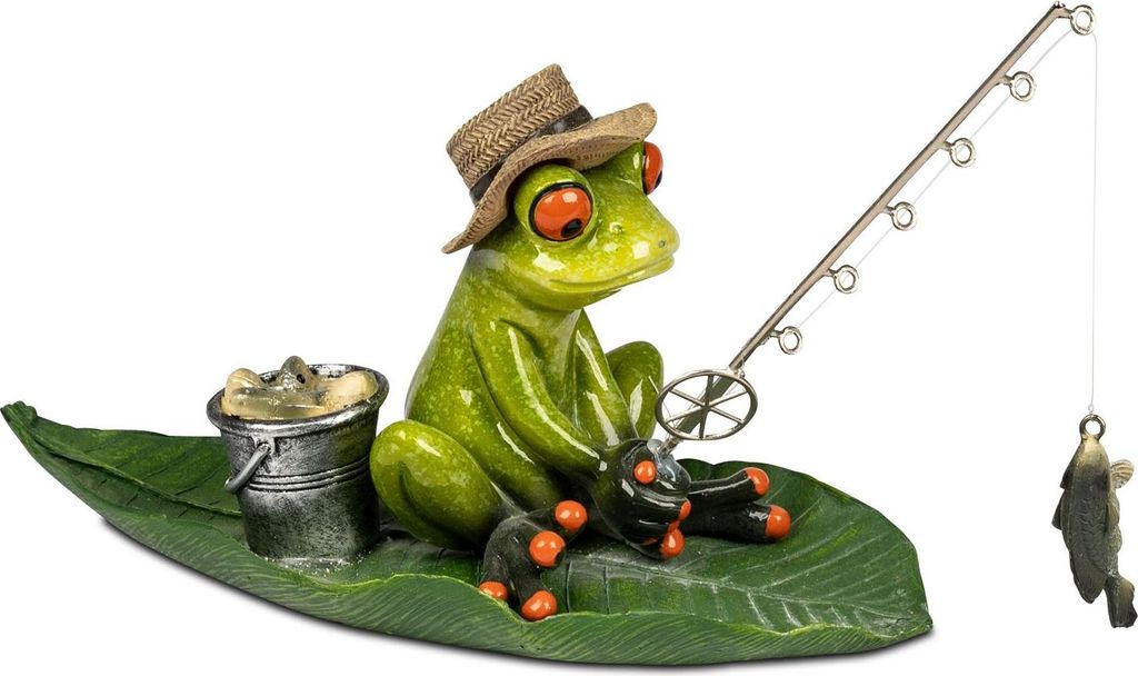 formano Frosch Angler auf Blatt Handbemalte Dekofigur aus Polyresin 19x14 x 9 cm