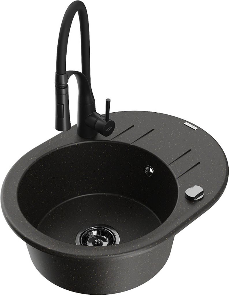 Mexen Kevin 1 Becken-Granitspüle mit Abtropffläche und Mischbatterie Aster, Schwarz/Gold metallisch - 6517-75-73450-70-B