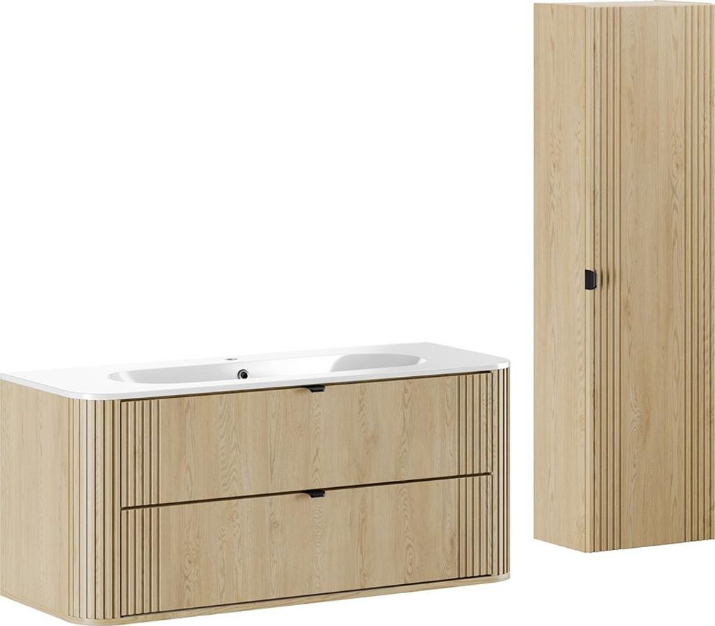 Badmöbel-Set 2-teilig Waschtisch 120 cm & Hochschrank in Eiche, Rillen, mit Keramik Waschbecken - OLIVA-56