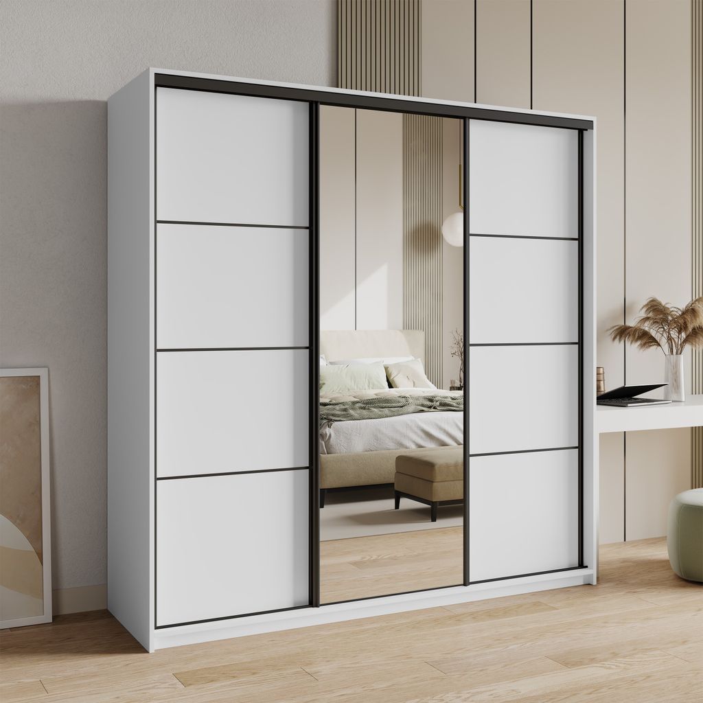 Masseno Schiebetürenschrank VARO 200/205/60 cm Kleiderschrank mit Schubladen Schlafzimmer Schrank 3-türig mit Spiegel Weiß + Schwarz