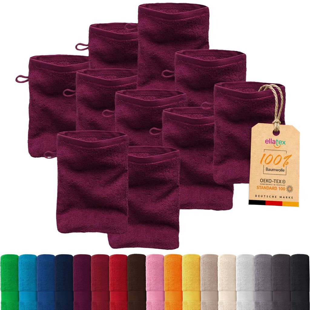 10er Pack EllaTex Waschhandschuhe 15x21 cm 100% Baumwolle, 500 g/m² Handtücher Set weich saugstark Serie Paris, in Farbe: Brombeere
