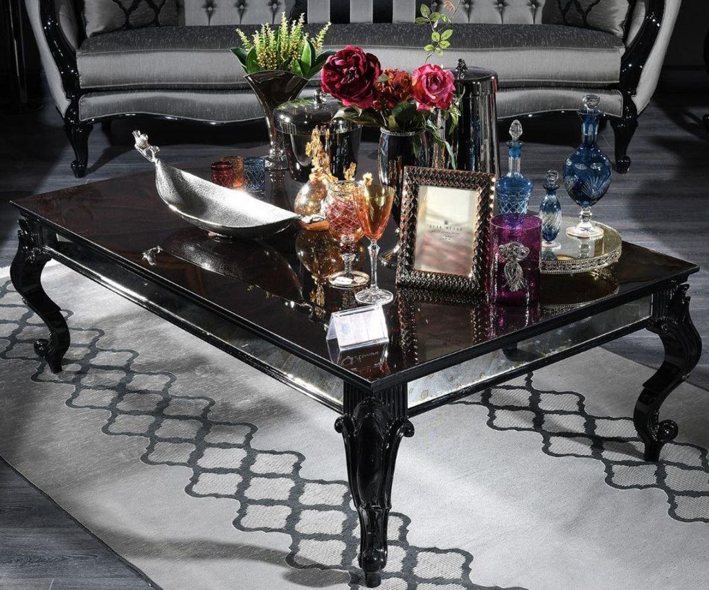 Casa Padrino Luxus Barock Couchtisch Schwarz / Braun 140 x 90 x H. 46 cm - Edler Massivholz Wohnzimmertisch mit Glasplatte und Spiegelglas - Luxus ...