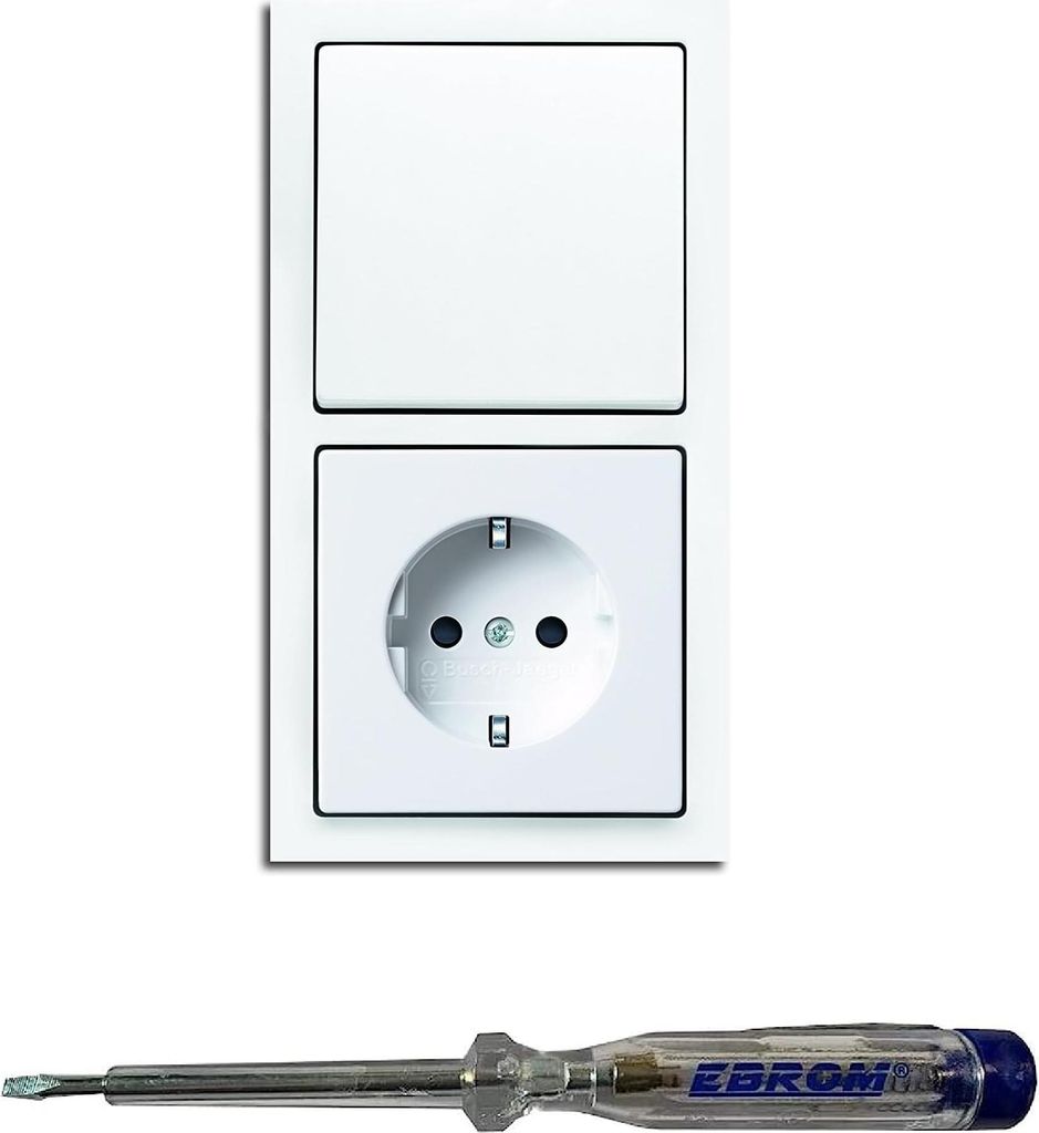 Busch Jäger Lichtschalter Wechselschalter AN/AUS 2000/6 US und Steckdose mit Kinderschutz 20EUCKS-84 in Future Linear Studioweiß glänzend + EBRO...