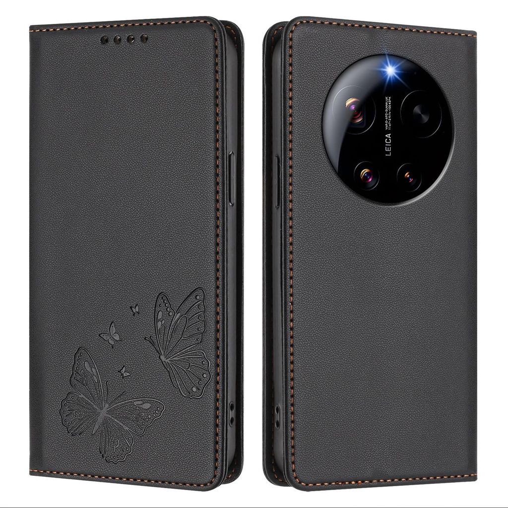 Lederhülle für Xiaomi 17 Ultra, Schmetterling Prägung Leder Brieftasche Schutzhülle mit Ständer Schwarz