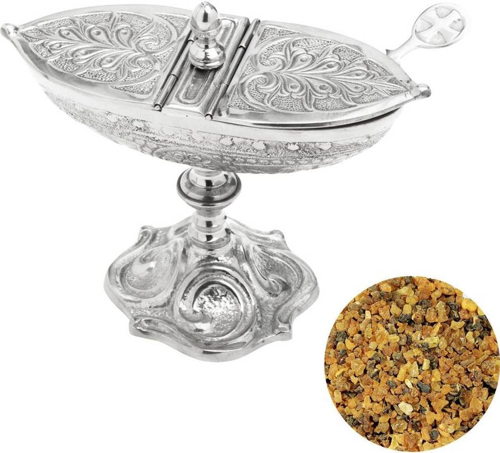 3tlg Set Weihrauchschiffchen in Silber mit Löffel 100g Myrrhe Reines Baumharz