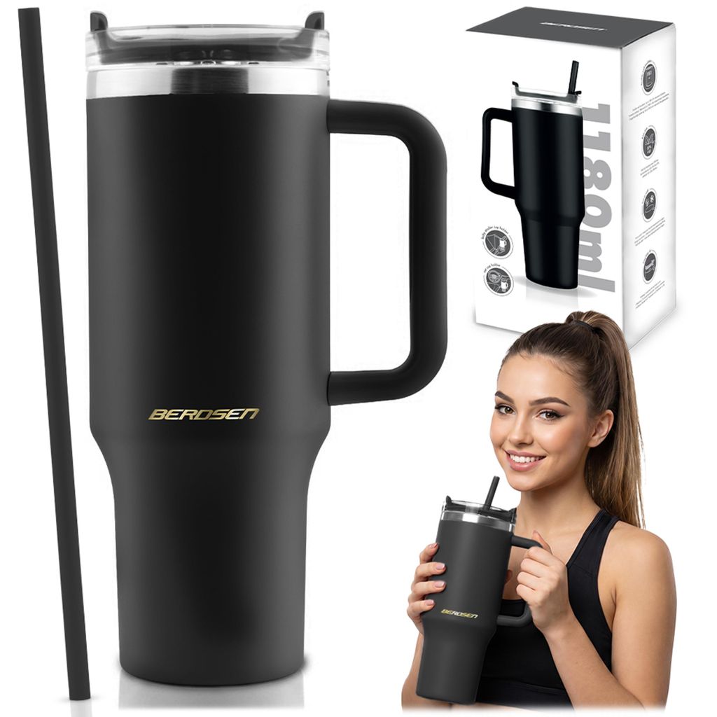 Berdsen Vakuum-Thermosbecher mit Strohhalm 1180 ml schwarz Produktbild 