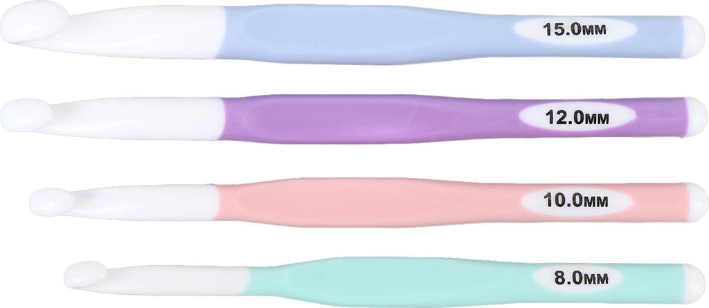 4-teiliges Häkelnadel-Set, 8 mm, 10 mm, 12 mm, 15 mm, ABS, TPR, ergonomischer Griff, Haken für Teppich, Decke, Pullover