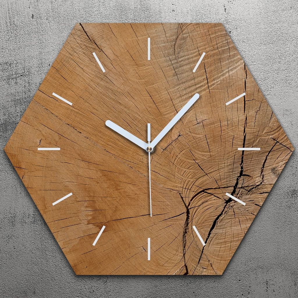 Uhr hexagonal 40 cm Glas Geräuschlos weiße Zeiger - Holz Stamm