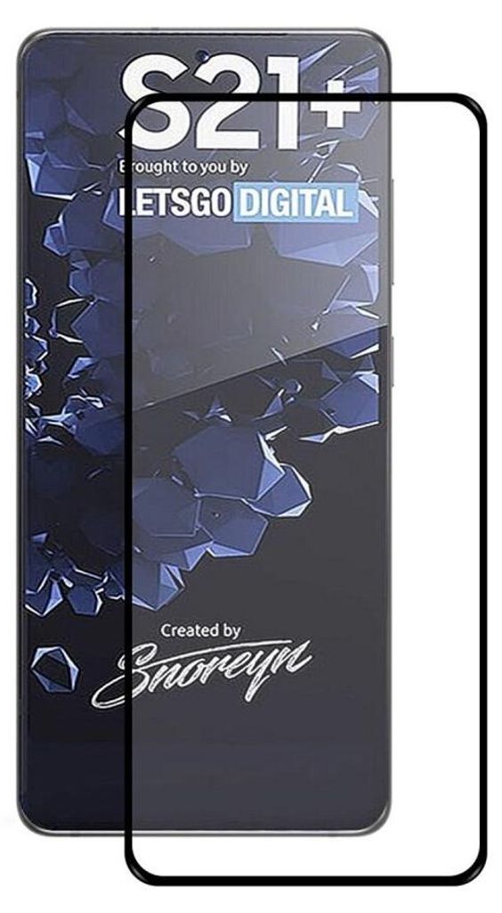 A screen protector for a Samsung Galaxy S21 Plus is shown on a dark background with abstract geometric shapes.