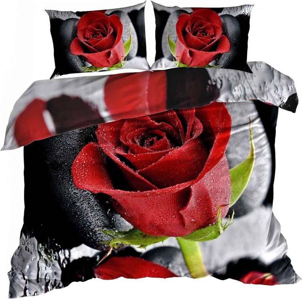 3D Baumwollsatin Bettwäsche 160x200cm ROTE ROSE
