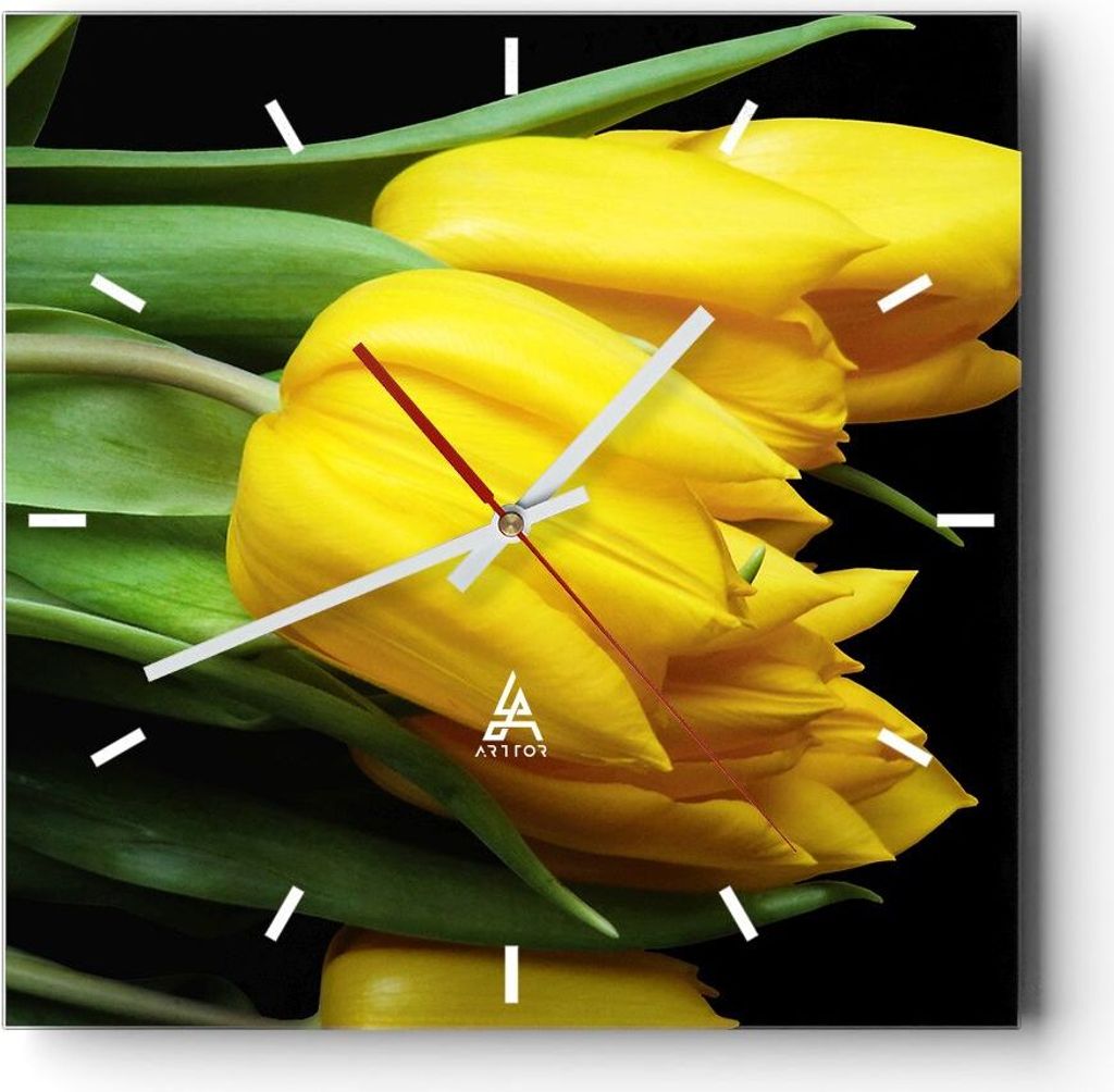Wanduhr - Quadrat - Glasuhr - Tulpen Strauß Spiegelreflexion grün - 40x40cm - Schleichendes Uhrwerk - Lautlos - zum Aufhängen bereit - Dekoratio...