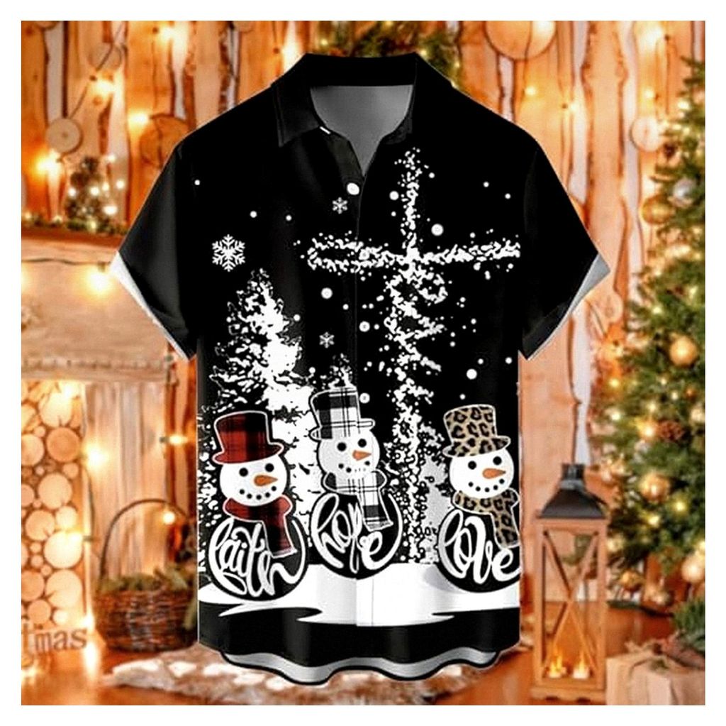 Herren Weihnachtshemd 3D Gedruckt mit Weihnachtsmann und Rentier Kurzarm Festliches Shirt