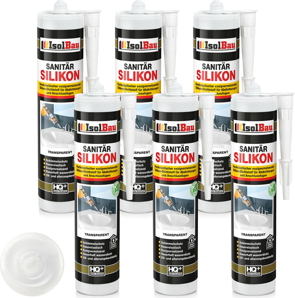 Isolbau Sanitär Silikon 6 x 300 ml Transparent - Hochelastischer Silikon-Dichtstoff für Abdichtungen & Fugen – Schimmelresistent, wasserdicht -...