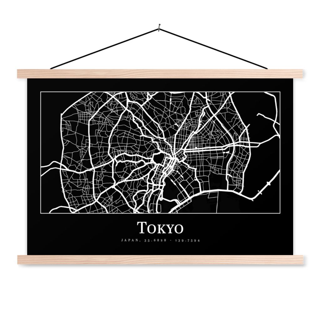 MuchoWow Textilposter Karte - Tokio - Stadtplan - Karte 120x80 cm mit holzfarbenen Rahmen - Aufhängeset