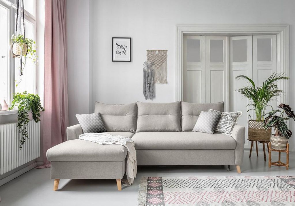 MIUFORM Stylish Stan - Ecksofa mit Bettfunktion und Bettkasten L-FORM LINKS - 224x148cm - Beige - Sofa Schlafsofa Couch