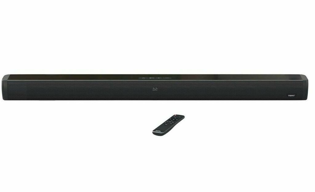 A black soundbar and its remote control are displayed against a white background.