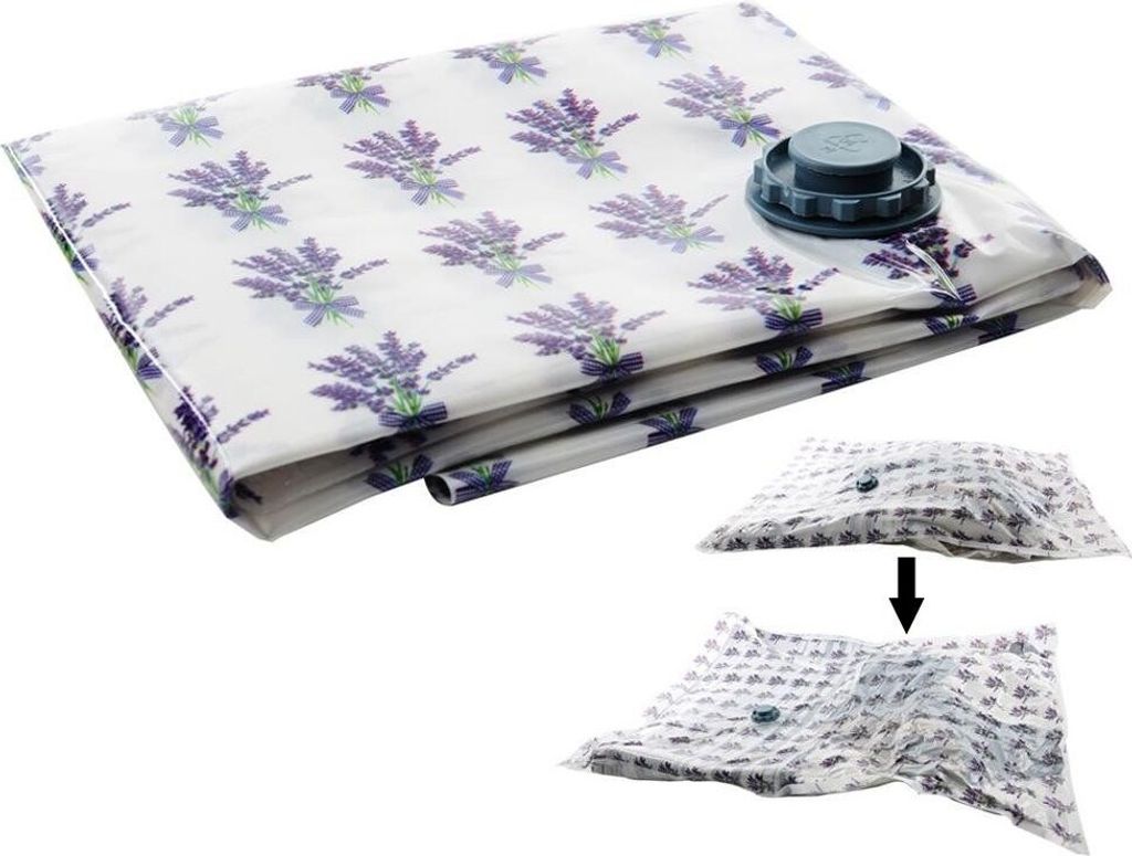 A folded vacuum storage bag with a lavender pattern and a gray valve, shown with a smaller inset image demonstrating its compression.