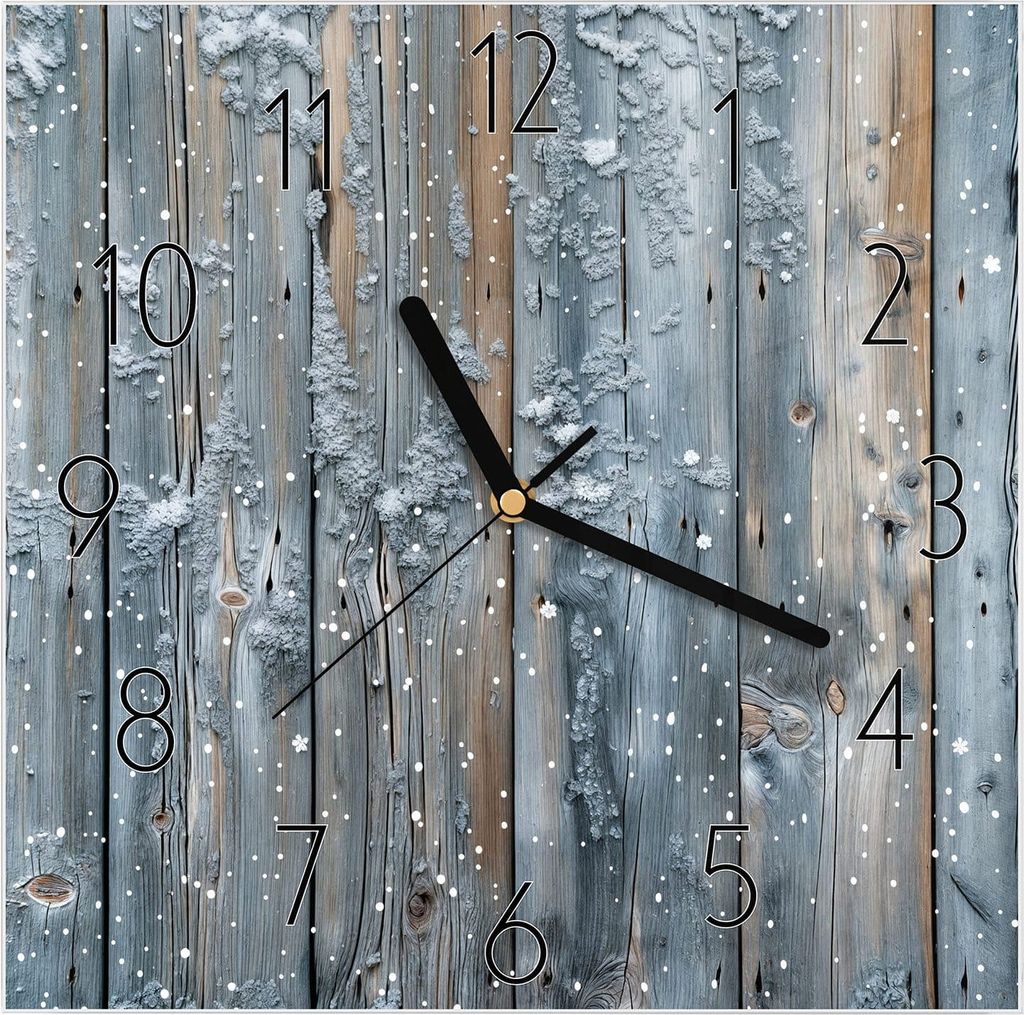 Wanduhr aus Glas mit Motiv Winter Holzpaneele- 30 x 30 cm - inkl. Aufhängesystem