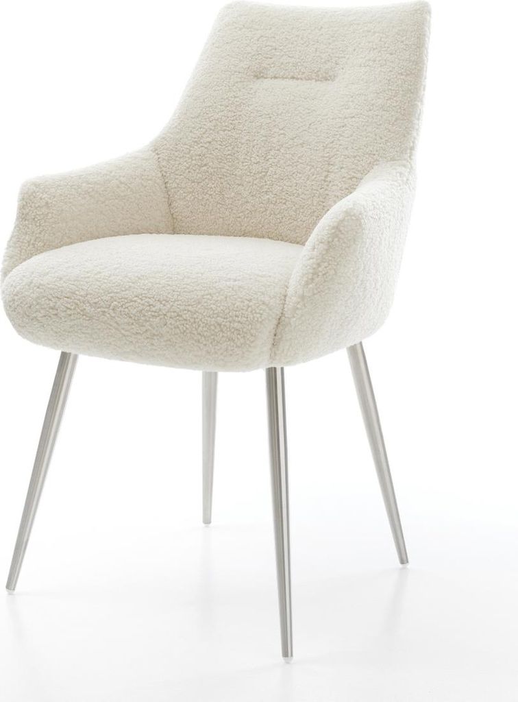 DELIFE Esszimmerstuhl Alja-Flex mit Armlehnen Teddystoff Beige 4-Fuß konisch Edelstahl Taschenfederkern