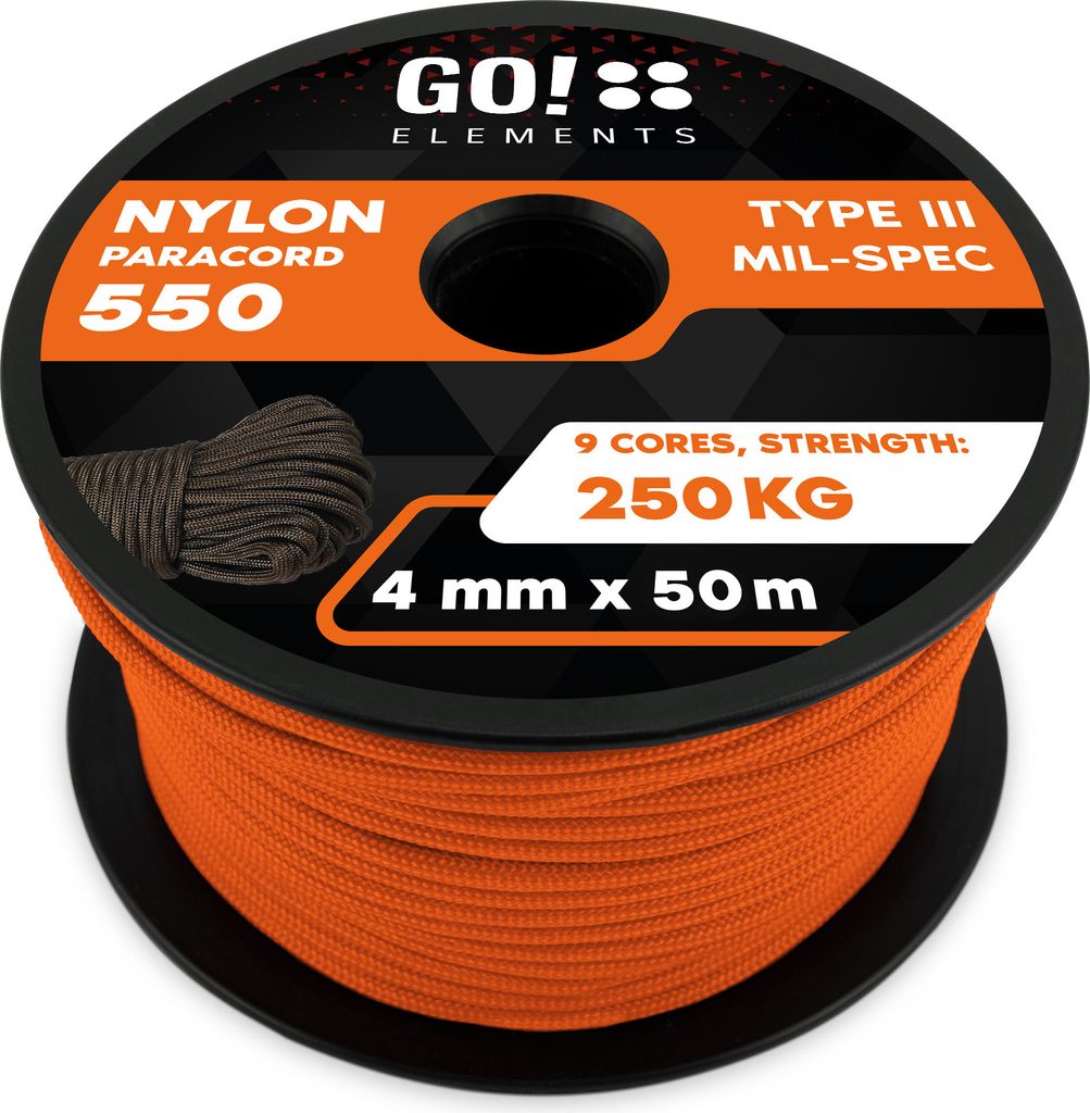 GO!elements 50m Paracord Seil aus reißfester Nylonschnur - 4mm Paracord 550 Typ III Schnur - geeignet als Allzweckseil & Reepschnur - Max. 250kg, ...
