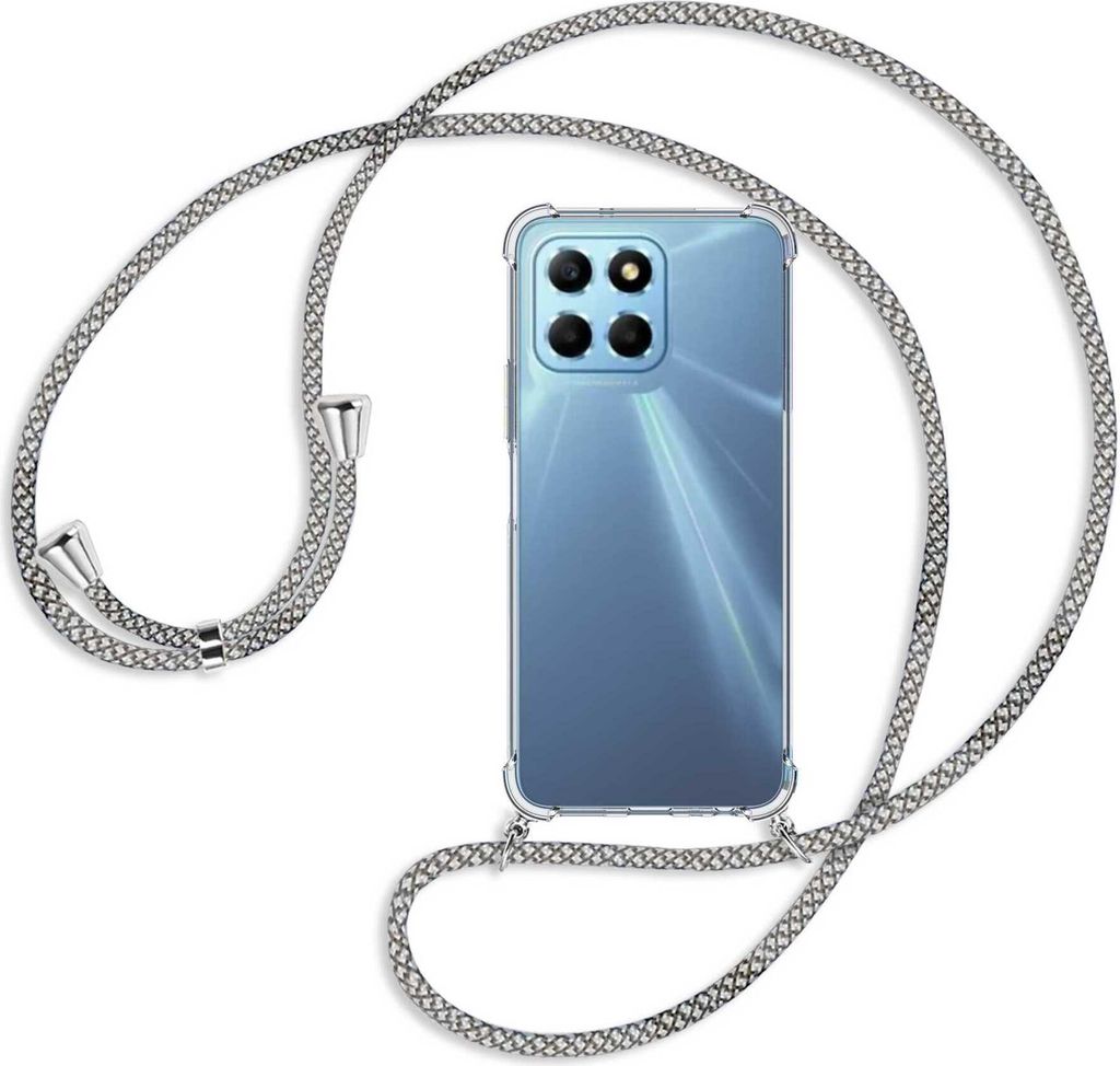 Handykette Backcover-Schutzhülle mit Band (Metall silberfarben) für Honor X8 5G (VNE-N41, 6.5'') - weiß/grau kariert