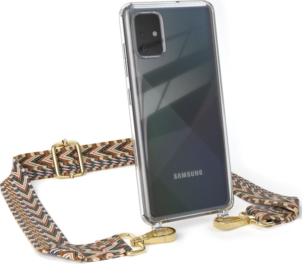 EAZY CASE Handykette - Verstellbarer Trageriemen kompatibel mit Samsung Galaxy A51, Handykordel mit transparenter Silikon-Hülle, Band in Braun