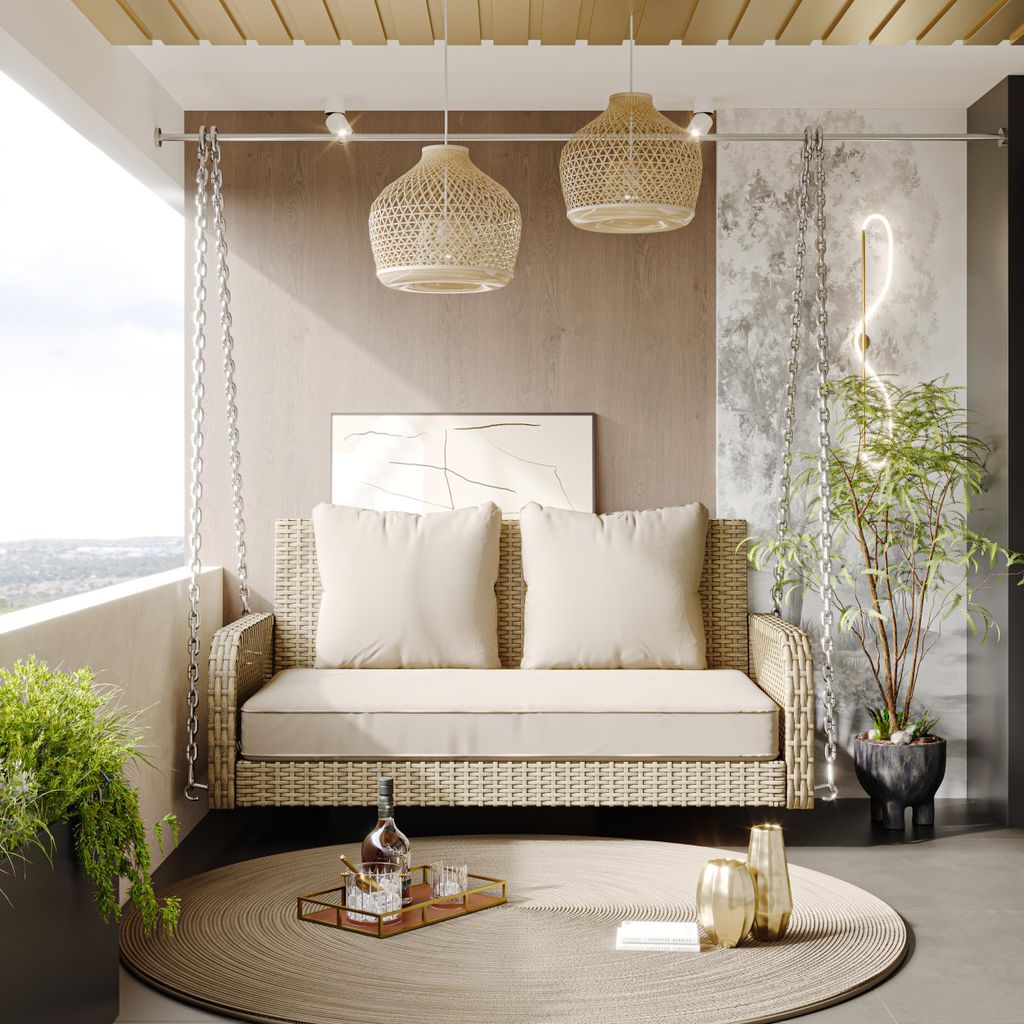 Hollywoodschaukel, Gartenschaukel, Gartenmöbel-Set für den Außenbereich,2 Sitze,Rattan,Sitzkissen,mit Sitzkissen Rückenkissen,abnehmbar/waschba...