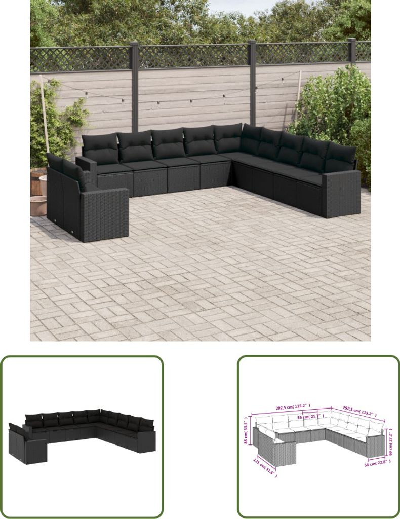 The Living Store 11-tlg. Garten-Sofagarnitur mit Kissen Schwarz Poly Rattan