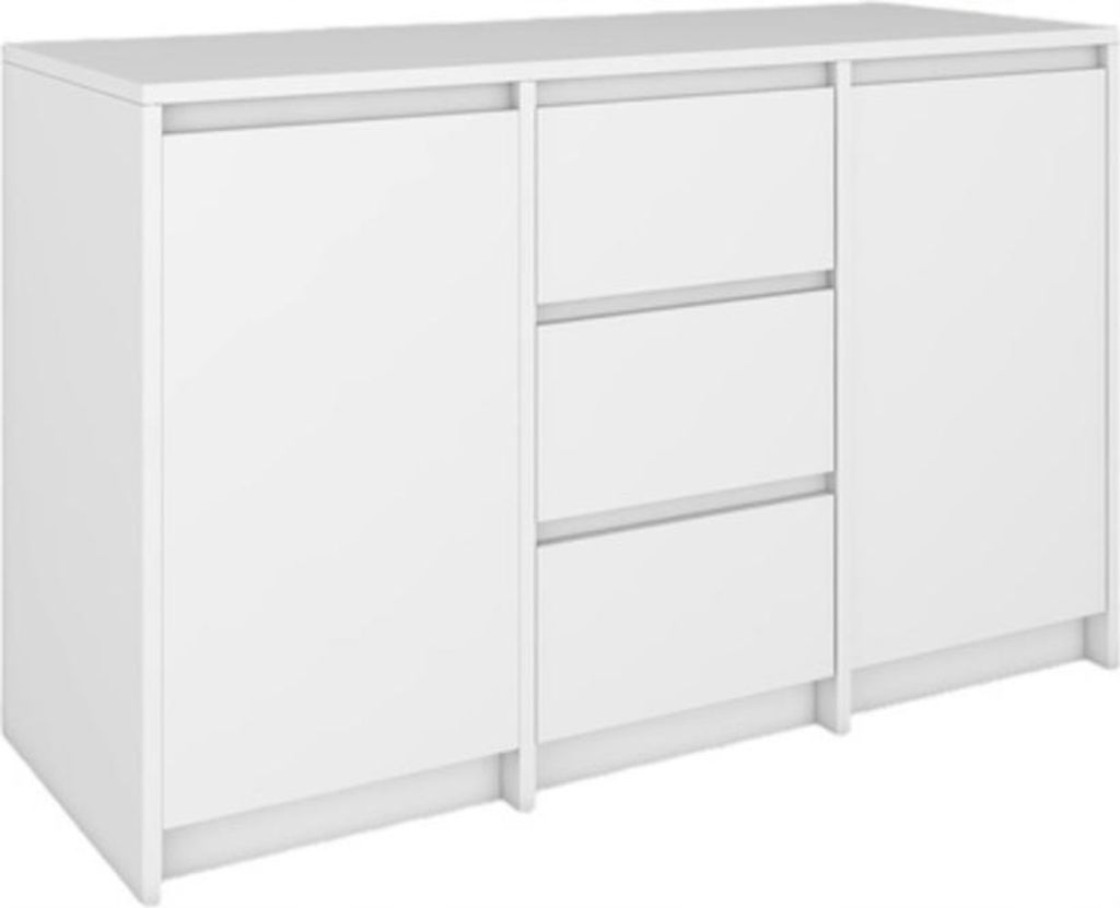 Kommode mit 3 Schubladen und 2 Türen, modern, geräumig, grifflos, weiß.