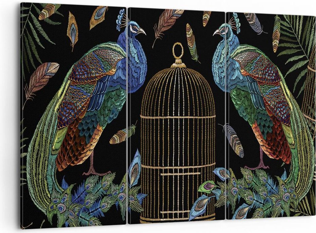 Bild auf Leinwand - Leinwandbild - 3 Teile - Pfauen Gold Käfig - 105x70cm - Wand Bild - Wanddeko - Wandbilder - Leinwanddruck - Bilder - Wanddekor...
