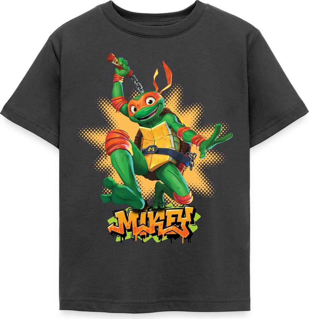 Spreadshirt TMNT Mutant Mayhem Turtle Mikey Kinder T-Shirt, 110/116 (5-6 Jahre), Dunkelgrau
