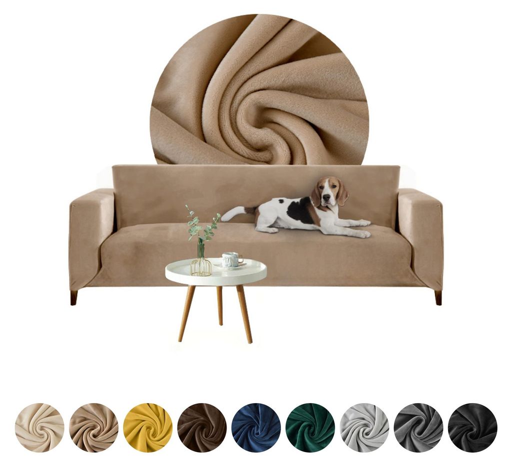 Elastischer Velours-Bezug für 2-Sitzer Sofa, Couch oder Schlafsofa in Kamel – Schonbezug