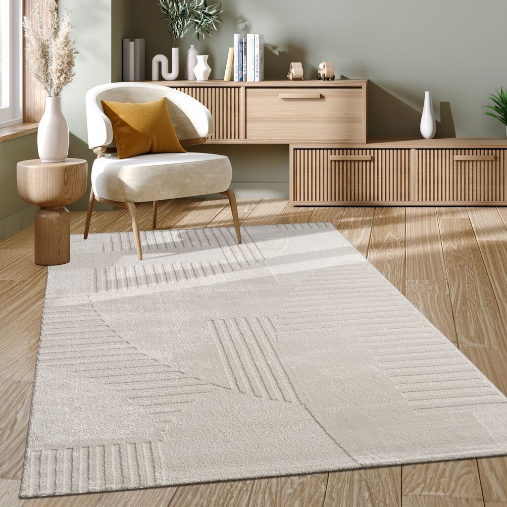 Teppich Wohnzimmer Kurzflor Moderner Japandi Stil 3D Effekt Einfarbig Grösse 160x230 cm