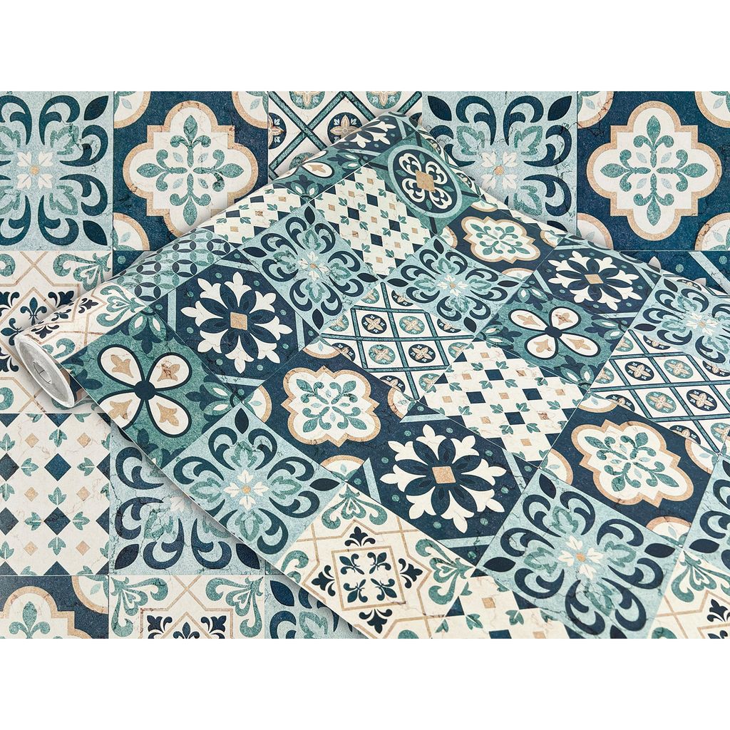 A roll of wallpaper with a blue and white tiled pattern.