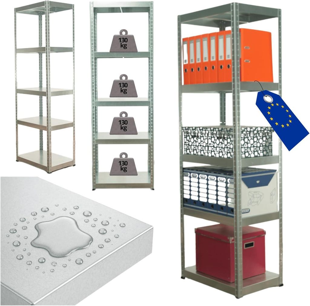 MODO24 Schwerlastregal Metall, Elara, Steckregal, Lagerregal, Werkstattregal, Kellerregal, Garagenregal, 5x130kg Traglast, 180x60x40cm, Verzinkt, EZZ