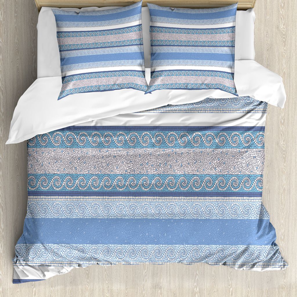 ABAKUHAUS Retro Bettbezug, Mosaic Borders Art, Milbensicher Allergiker geeignet mit Kissenbezügen, 155 cm x 220 cm - 80 x 80 cm, Blau Weiß Beige