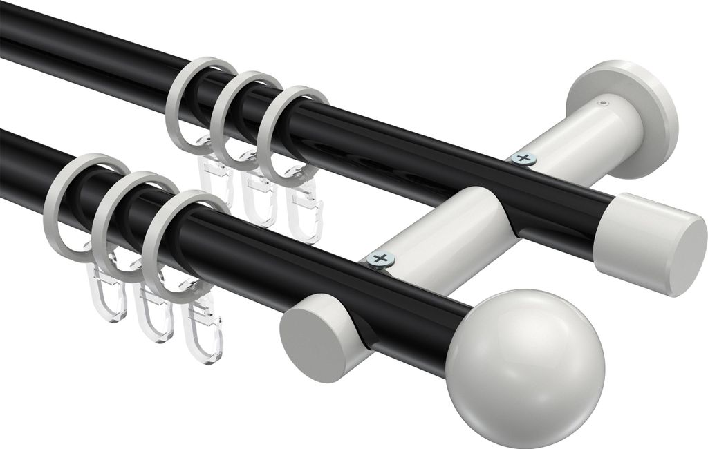 Interdeco Gardinenstange / Vorhangstange Schwarz / Weiß, Typ Platon Luino (Kugel), 20 mm Ø 2-läufig, 360 cm