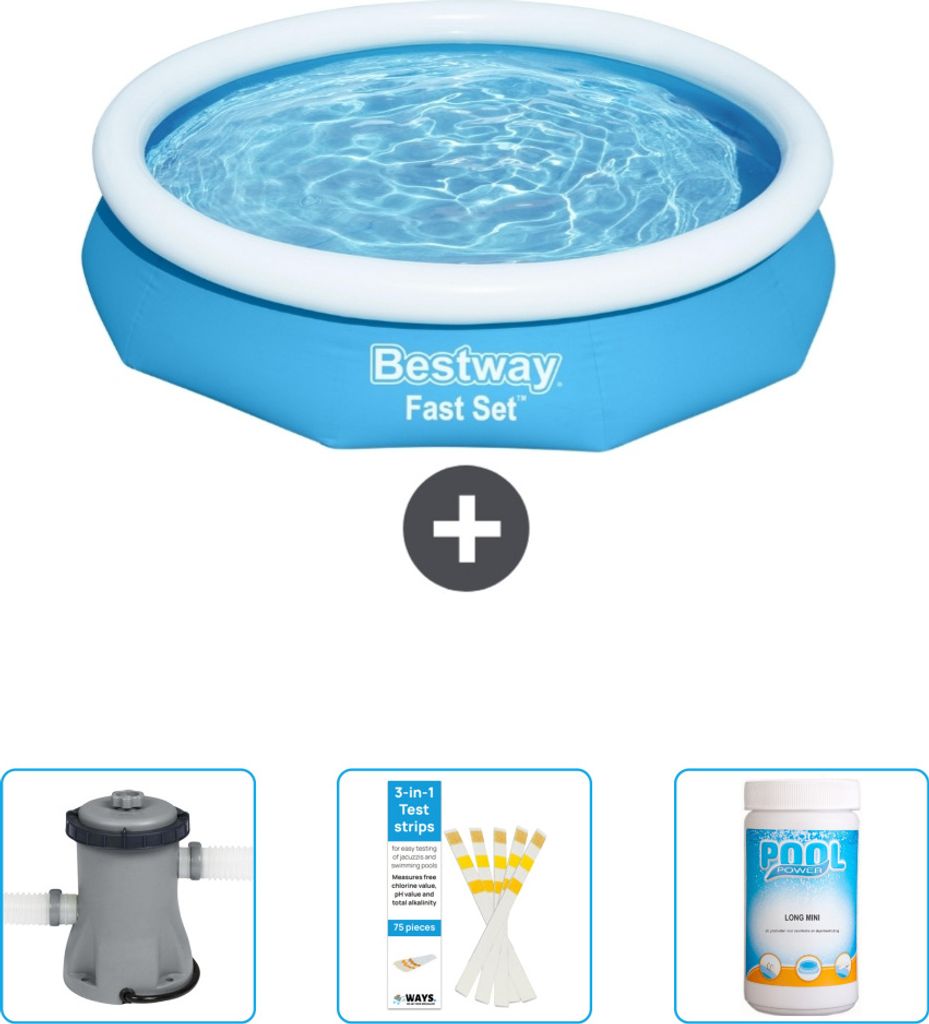 Bestway runder aufblasbarer Fast-Set-Pool – 305 x 66 cm – Blau – im Lieferumfang enthalten Pumpe - Teststreifen - Chlor