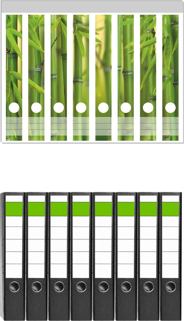 Wallario 8 Stück schmale Ordner inkl. Klebeetiketten mit Motive Grüner Bambuswald - Set mit Rückenschildern / Ordnerrücken Stickern