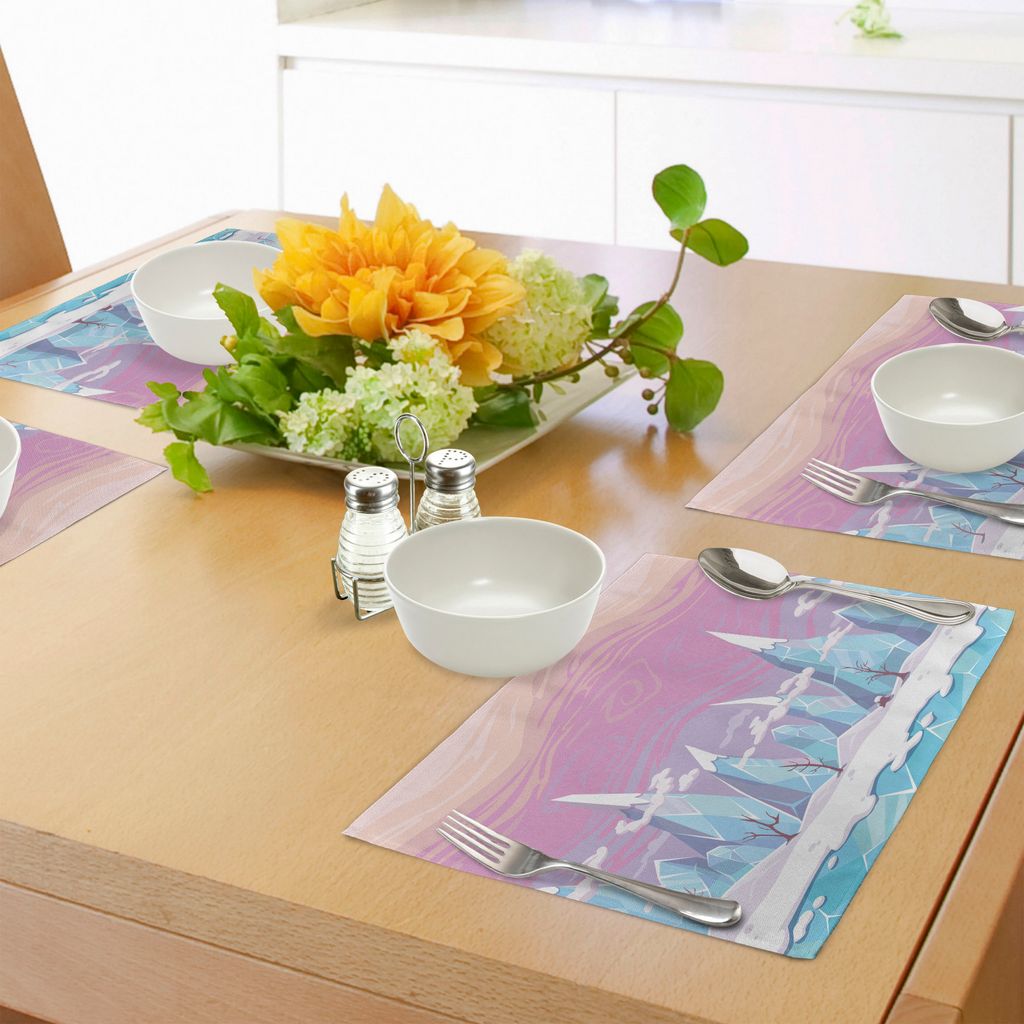 ABAKUHAUS Winter Platzmatten, Karikatur-Art-Fantasie-Landschaft mit EIS-Bergen Leafless-Bäumen und Buntem Himmel, Tiscjdeco aus Farbfesten Stoff f...