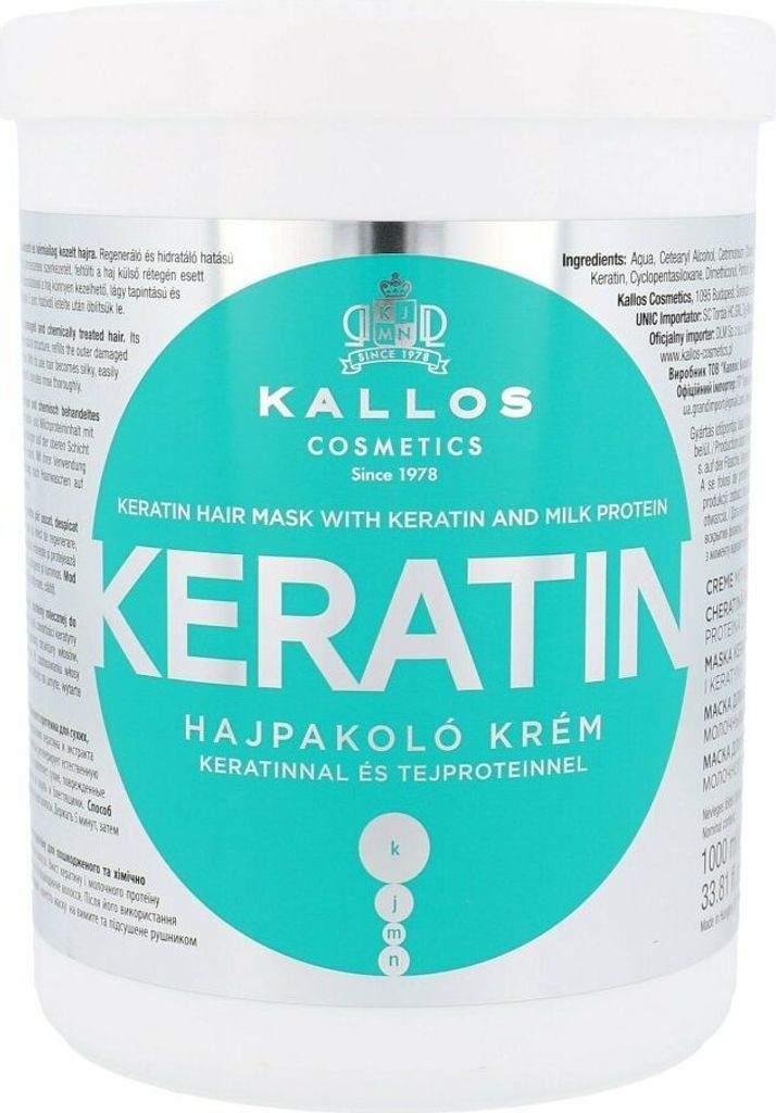 A white tub of Kallos Keratin Hair Mask with a teal label.