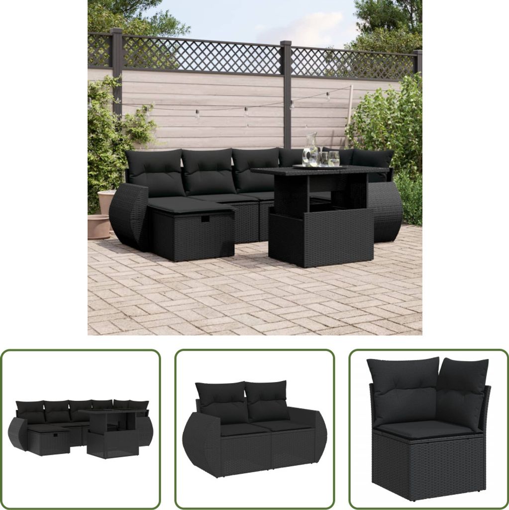 The Living Store 7-tlg. Garten-Sofagarnitur mit Kissen Schwarz Poly Rattan