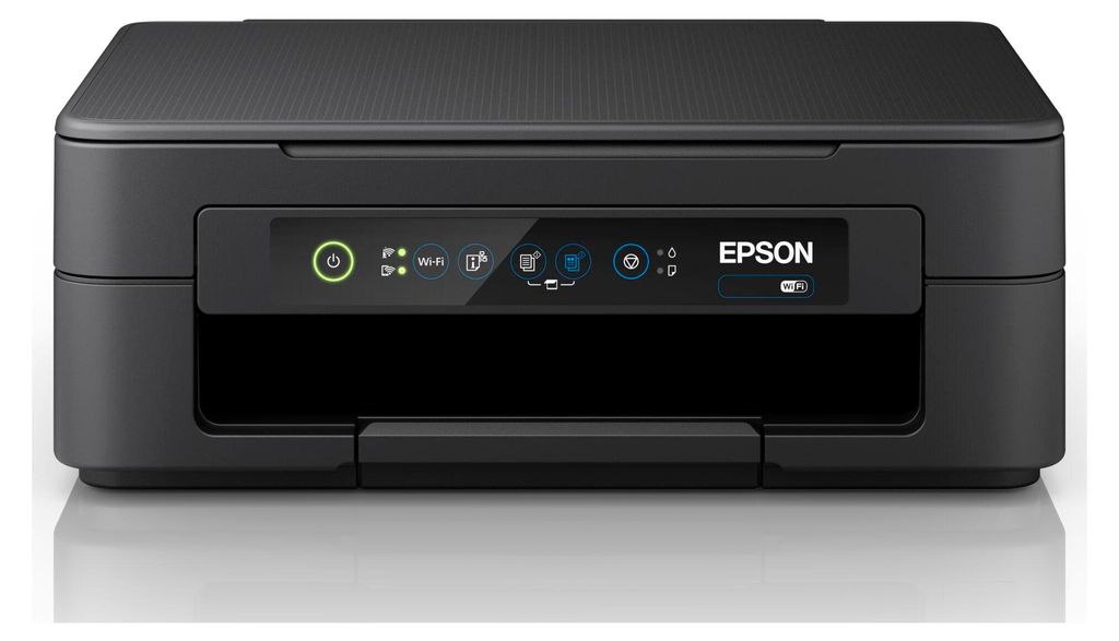 A front view of a black Epson Expression Home XP-2205 multifunction printer on a white and gray background.