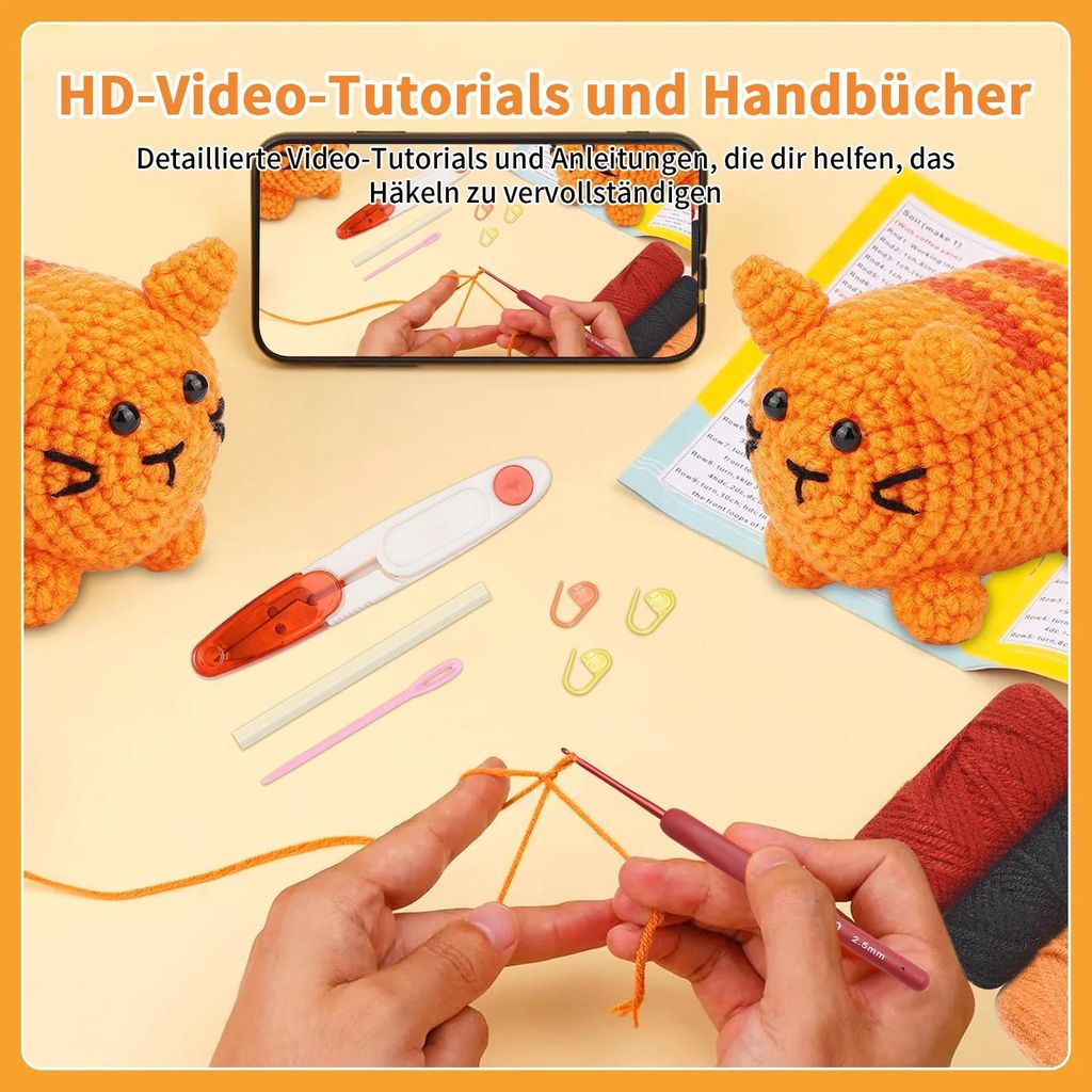 Häkelset für Anfänger - Amigurumi Tier-Set - Videoanleitungen - Starterset für Erwachsene und Kinder - DIY - Orangefarbener Fuchs