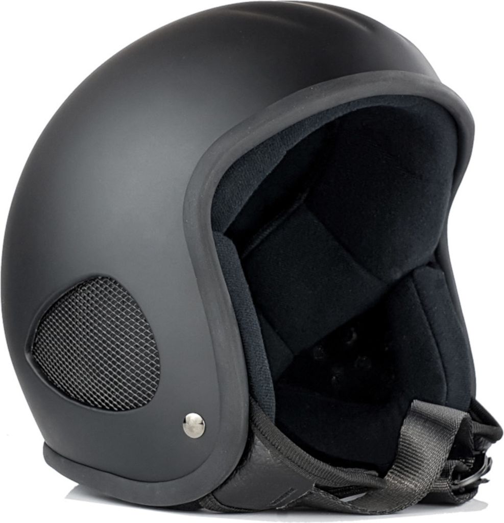A black matte motorcycle helmet is shown against a white background.
