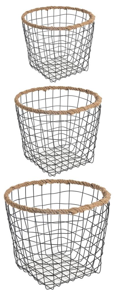 Metallkörbe SINO 3er Set schwarz mit Hanfgeflecht. Produktbild 