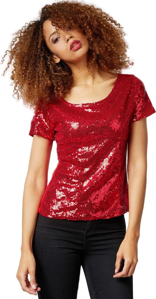 Pailletten-Kurzarm-Shirt - bordeaux, XXL